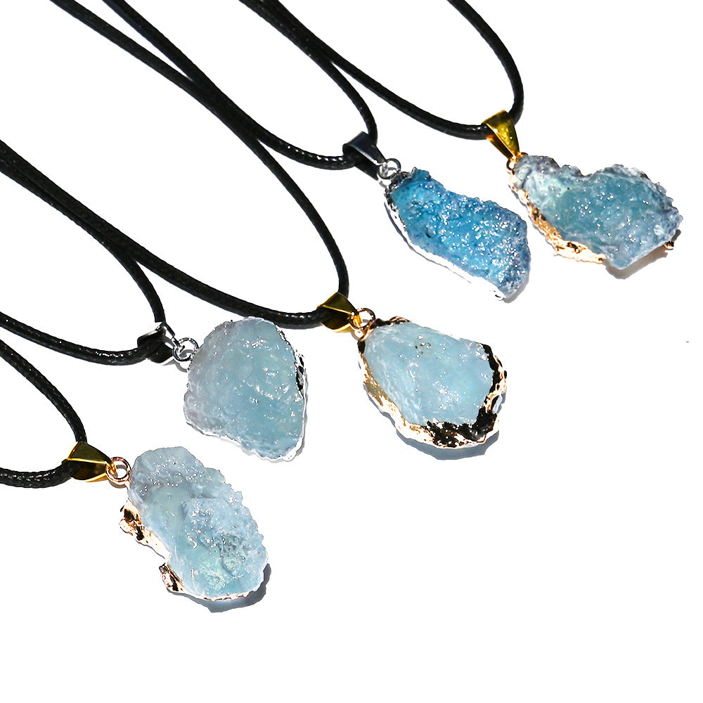 Natural Brazilian ice aquamarine crystal pendant, aquamarine crystal gilt/silver edge pendant necklace