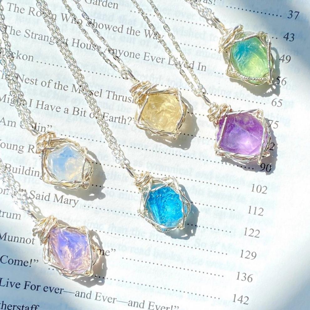 Natural crystal wire-wrap pendant necklace