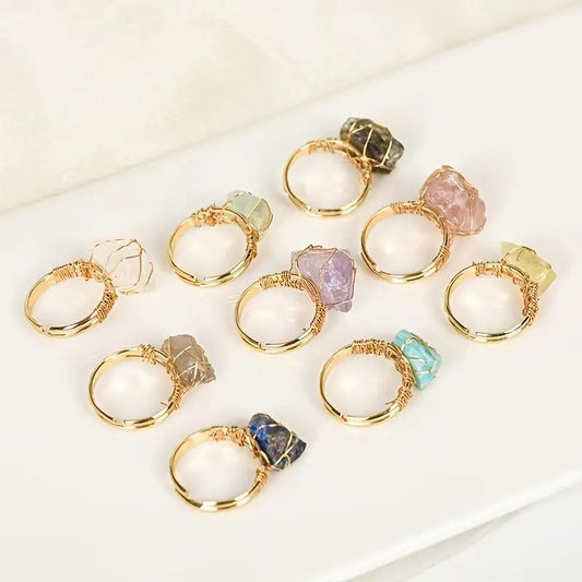Natural stone movable ring irregular raw stone crystal ring, amethyst white crystal hand-wound wire adjustable ring