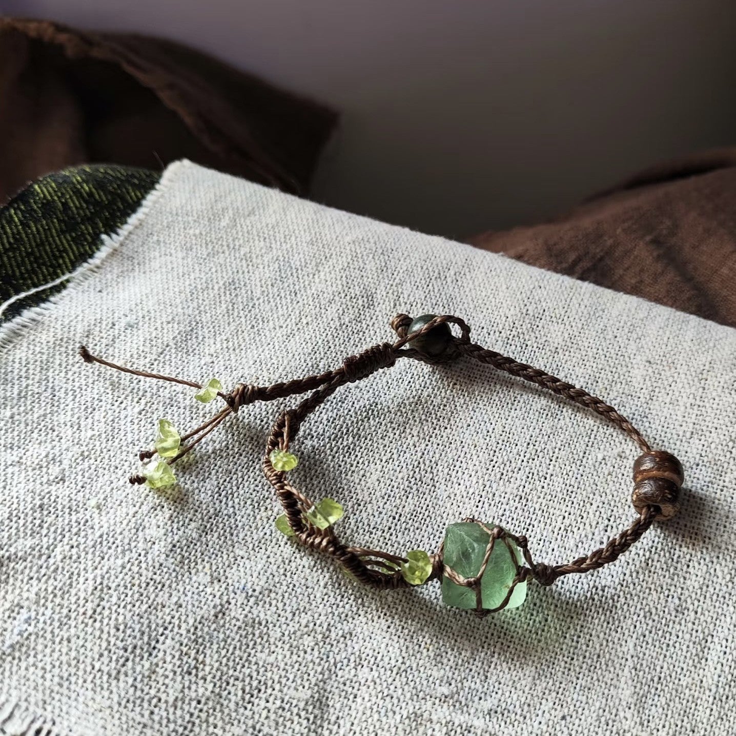 Crystal green fluorite raw stone bracelet, hand-woven rope, energy raw stone, natural healing series