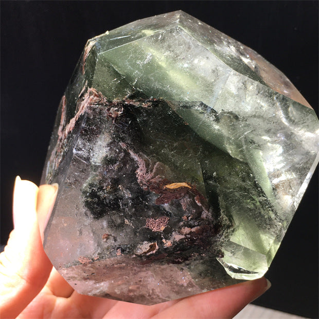 Natural green ghost crystal, colored ghost, hexagonal raw stone column, dark green multi-headed raw stone ore mark, home feng shui ornaments