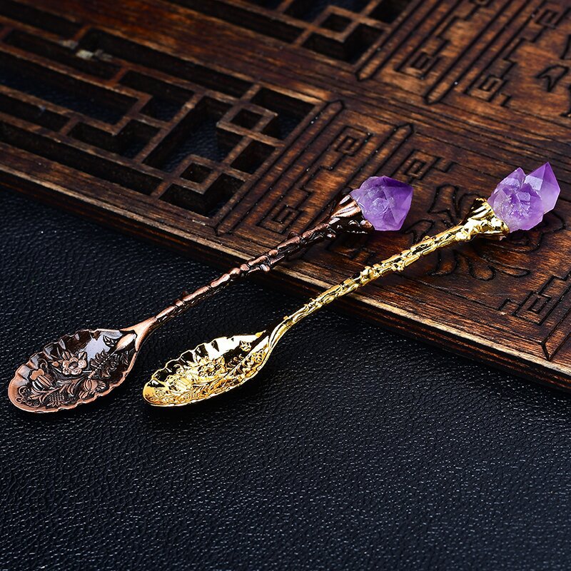 Uruguayan natural amethyst tooth flower spoon, creative carved long handle spoon