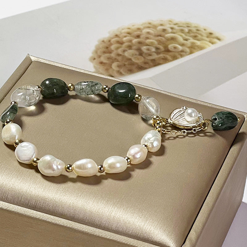 Natural crystal bracelet, green hair crystal baroque pearl bracelet
