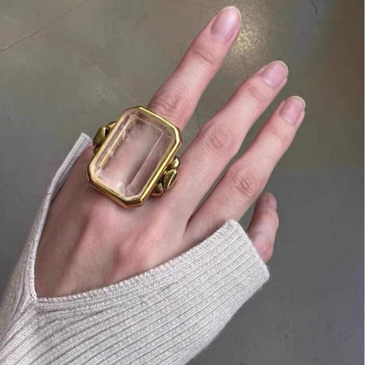 Natural crystal square ring, French vintage fashion