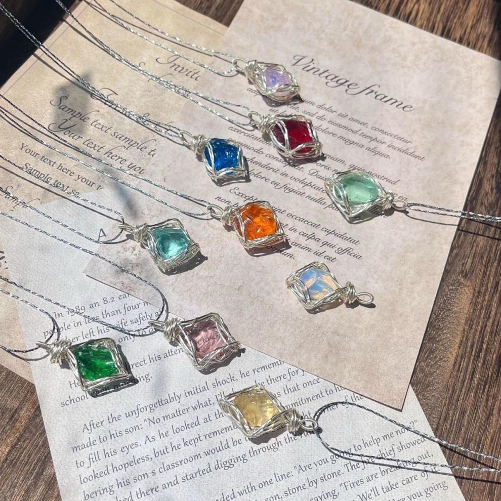 Natural crystal wire-wrap pendant necklace