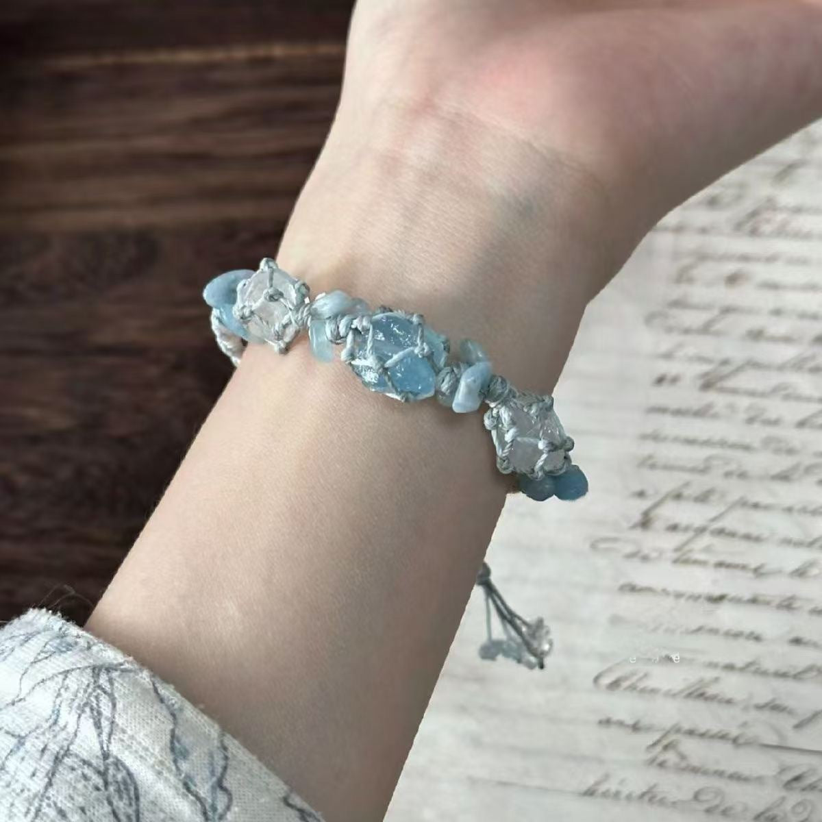 Aquamarine crystal and white crystal pure handmade rope bracelet, natural healing