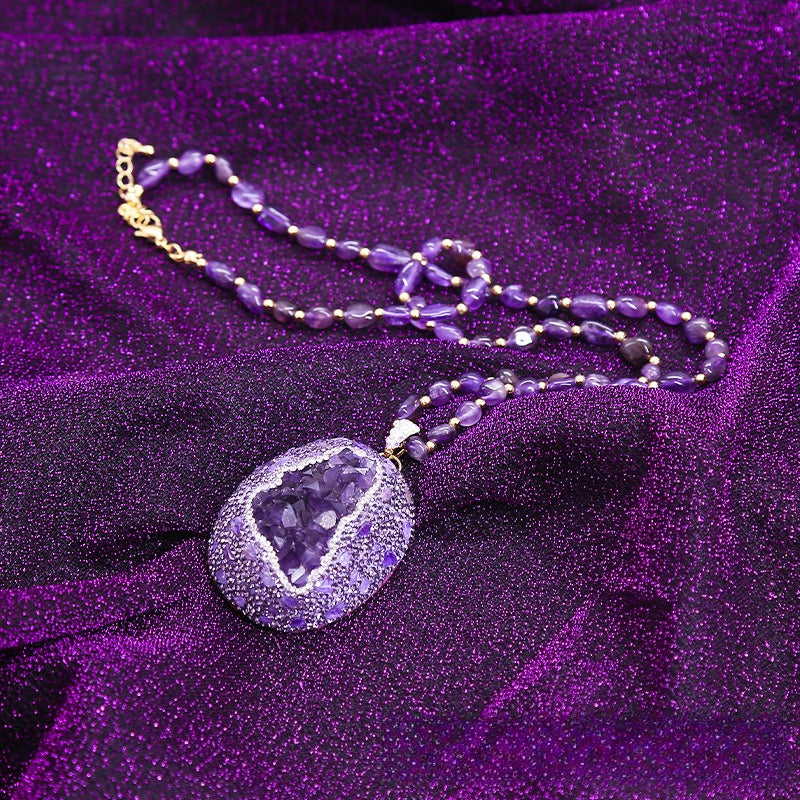 Natural Uruguayan amethyst necklace, inlaid tourmaline colored gemstone jewelry, long sweater chain