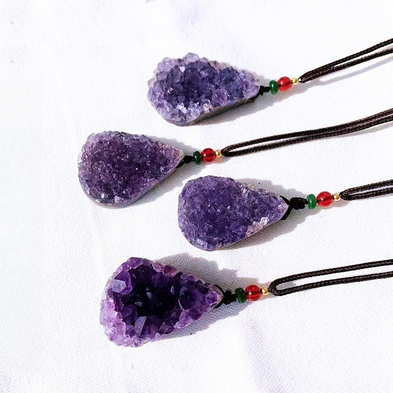 Natural amethyst cluster drop pendant, hand-woven with the shape, amethyst cluster necklace pendant