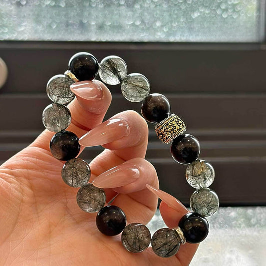Natural silver obsidian green hair crystal black obsidian men's bracelet