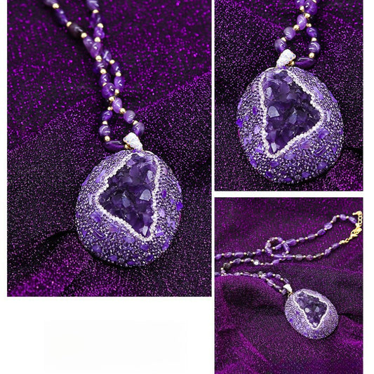 Natural Uruguayan amethyst necklace, inlaid tourmaline colored gemstone jewelry, long sweater chain