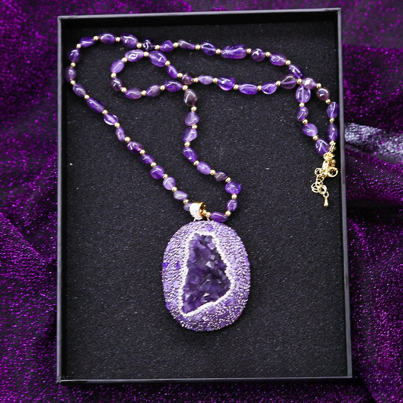 Natural Uruguayan amethyst necklace, inlaid tourmaline colored gemstone jewelry, long sweater chain