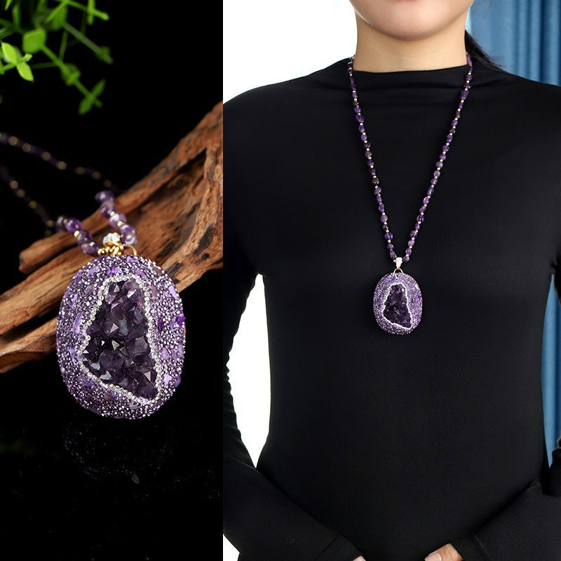 Natural Uruguayan amethyst necklace, inlaid tourmaline colored gemstone jewelry, long sweater chain
