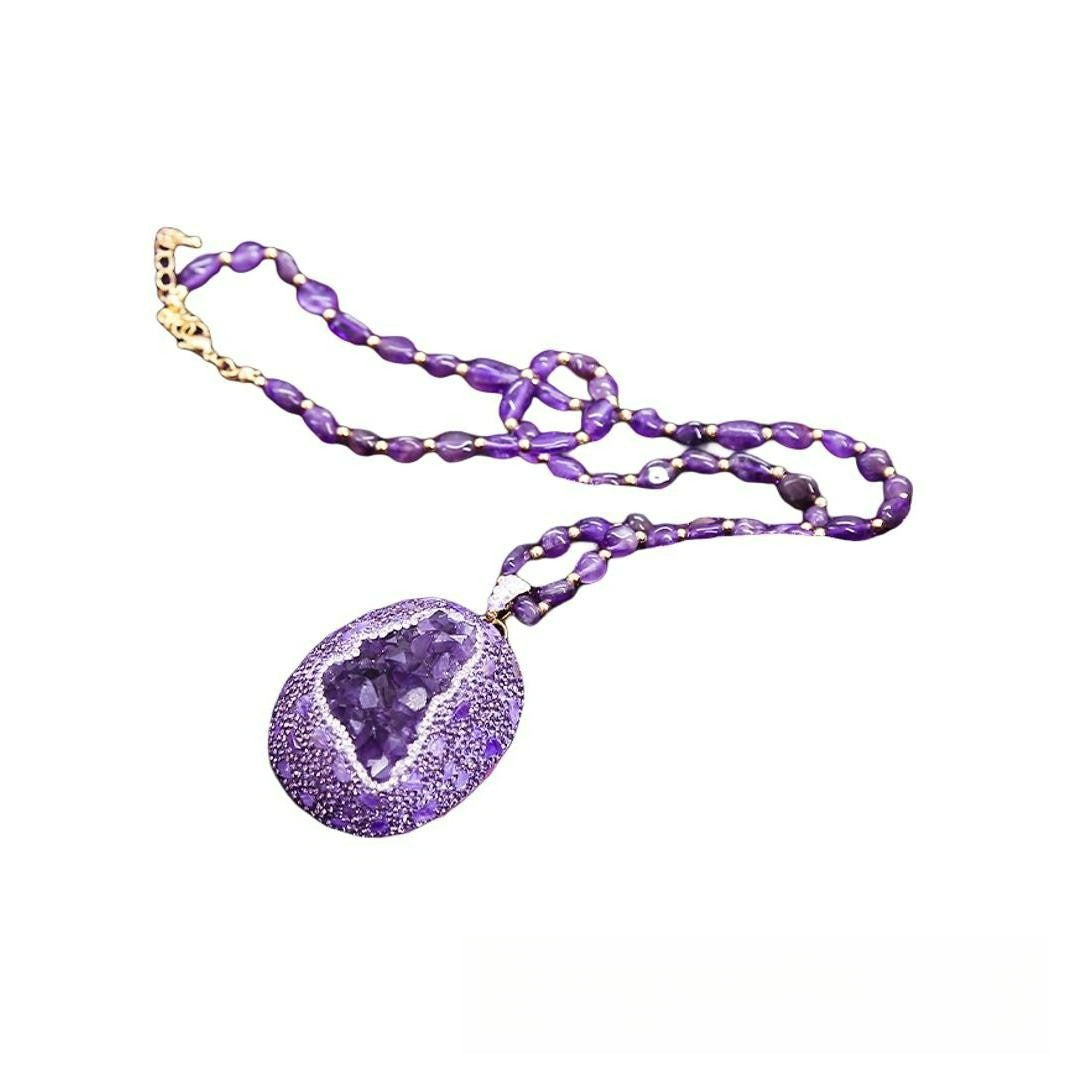 Natural Uruguayan amethyst necklace, inlaid tourmaline colored gemstone jewelry, long sweater chain